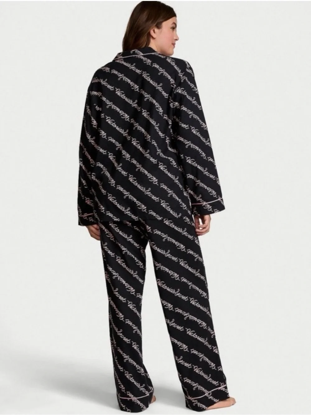Victoria’s Secret Black Logo Flannel Pajama Set Pink Trim – XS NWT